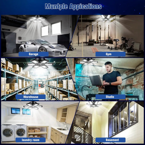 High Output 200W LED Garage Light With 6 Plus 1 Adjustable Panels shown in multiple settings including garage and basement