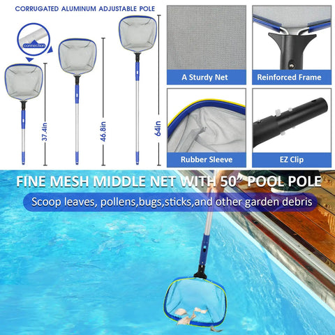 All In One Pro Grade Pool Cleaning Kit With 10 Inch Nylon Brush And 50 Inch Telescopic Aluminum Pole With Ultra Fine Mesh Skimmer Net