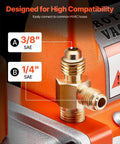 3/8" and 1/4" SAE connectors on Rock Solid 3.5 CFM Vacuum Pump for easy HVAC hose compatibility.