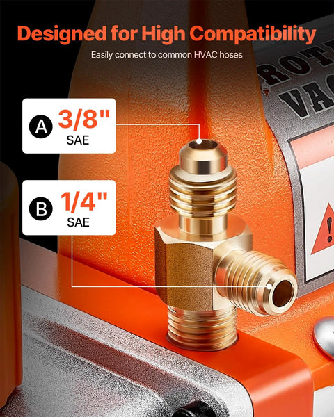 3/8" and 1/4" SAE connectors on Rock Solid 3.5 CFM Vacuum Pump for easy HVAC hose compatibility.