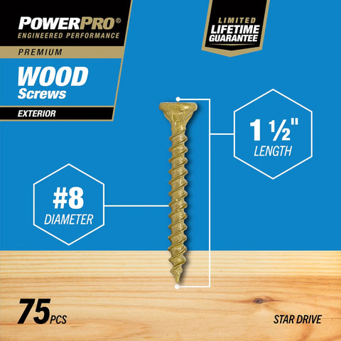 No Drama Bronze Exterior Deck Screws 1 1/2 Inch X 8 Gauge Self Drilling Split Free Outdoor Wood Fasteners For Patios Decks And Fences 75 Pack Ready To Roll, showing 1.5 inch screw with #8 diameter.