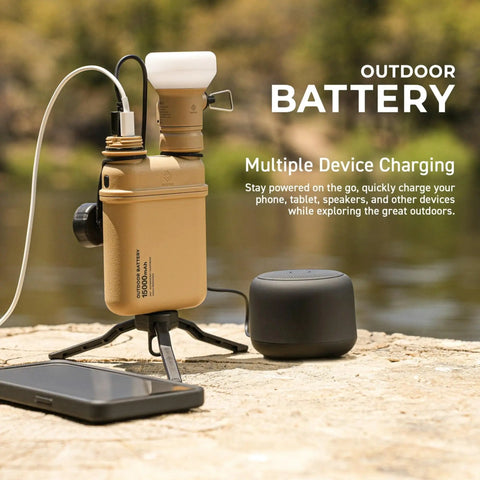 Rugged 15000mAh Outdoor Power Bank With 32W USB C PD Fast Charge IP67 Waterproof Shockproof Battery Pack in beige on tripod charging devices outdoors