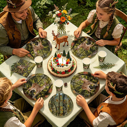 Deer Hunting Party Tableware Set For Men And Women, 250 Pieces Camouflage Forest Theme serves 50 guests at outdoor gathering
