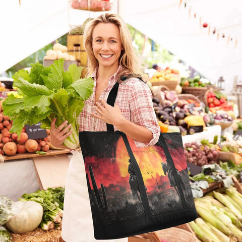 Woman carrying All Day Chill Insulated Cooler Tote with leak proof seal and cowboy design, at a farmers market.