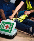 Portable first aid kit case with green label and red cross, white with black base.