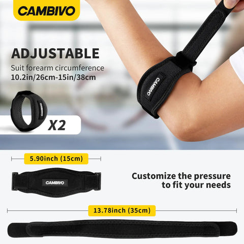 2 Pack Tennis Elbow Brace Strap For Tendonitis Pain Relief With Contoured EVA Pad on forearm, adjustable size details shown