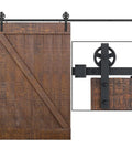 Heavy Duty Sliding Barn Door Hardware Kit With Reinforced Steel Rollers And Silent Tracks, brown wooden door, matte black fittings.