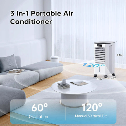 Portable Windowless Air Conditioner 3 In 1 Swamp Cooler in a modern living room, showcasing oscillation and vertical tilt features.
