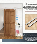 Two Pack Stainless Steel Barn Door Soft Close Mechanism for Flat Track With Adjustable Weight Up To 160 Pounds Universal Compatibility Hole Free Installation or Drilled Track Optional Effortless Smooth Opening and Closing Silver installed on wooden barn door.