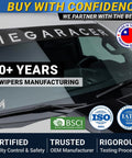 Hella Tough Silicone Windshield Wiper Blades Two Pack Front Driver And Passenger shown on vehicle windshield with quality certifications.