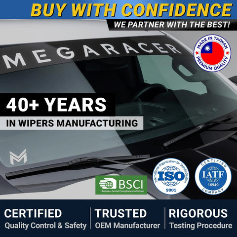 Hella Tough Silicone Windshield Wiper Blades Two Pack Front Driver And Passenger shown on vehicle windshield with quality certifications.