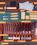 Knockout Wood Carving Kit With Thirty Five Pro Grade Tools And A Rugged Leather Roll including detail knives, wood chisels, and basswood blocks.