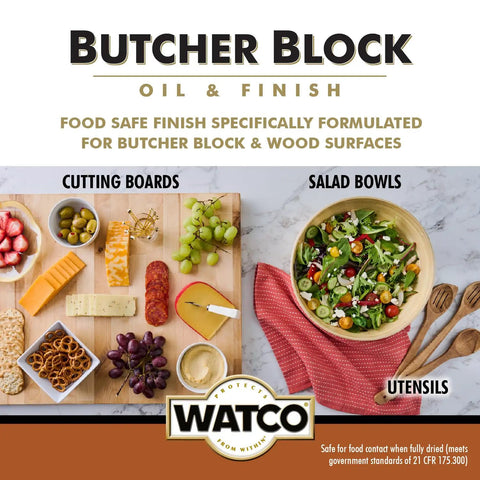 Image of food prepared on butcher block and salad bowls treated with Straight Up Food Safe Butcher Block Oil And Clear Wood Finish.