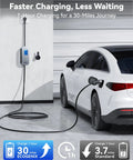 Level 2 Portable EV Charger 32A 7.68kW With 25 Foot Cable J1772 240V NEMA 14 50P plugged into white car