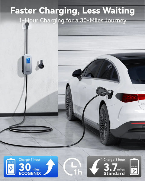 Level 2 Portable EV Charger 32A 7.68kW With 25 Foot Cable J1772 240V NEMA 14 50P plugged into white car