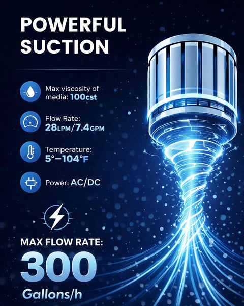 Heavy Duty Electric Drum Pump For DEF And Diesel, Plug And Play Dual Power With 120V AC 12V DC, 5 GPM Flow Rate, tech specs.