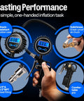Two Pack Digital Tire Inflator With Pressure Gauge And Backlit Display For Nite Use showing features like air chuck and rubber case