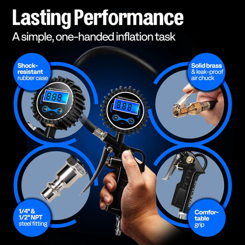 Two Pack Digital Tire Inflator With Pressure Gauge And Backlit Display For Nite Use showing features like air chuck and rubber case