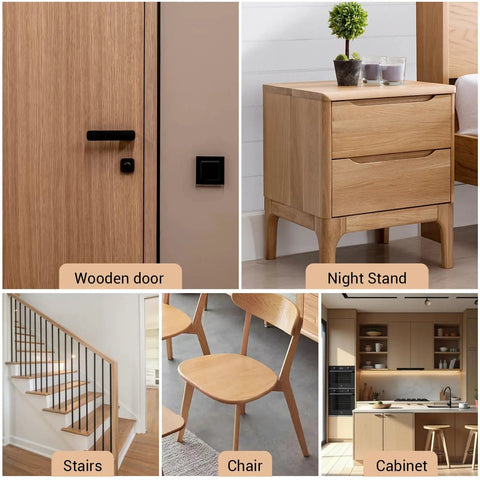 Collage featuring wooden door, night stand, stairs, chairs, and kitchen cabinets; ideal surfaces for wood filler stick repairs.