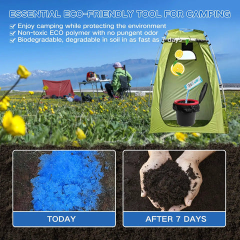 Camping scene with tent and Portable Toilet Absorbent Gel And Urine Powder For Camping And Outdoor Use 25 Packets Odor Control