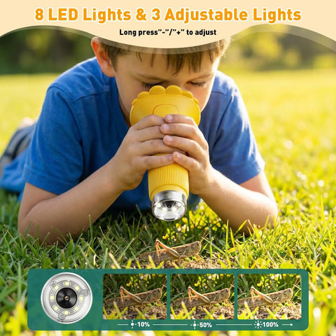 4K 1000X Digital Microscope For Curious Kids With 2 Inch IPS Screen Yellow Color Real 200-1000X Magnification Eye Strain Free Viewing Kid Friendly Learning Tool For Exploring Cells And Insects Up Close, child outdoors