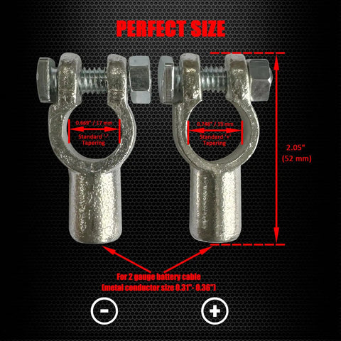 Beefy Copper Battery Terminal Connectors For Top Post Cars And Trucks SAE Standard Positive 19mm Negative 17mm Size Diagram