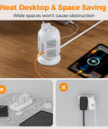 Ultra Slim 10 Foot Power Strip Tower With Eight Widely Spaced Outlets And Four Usb Ports set up on a desk charging devices.