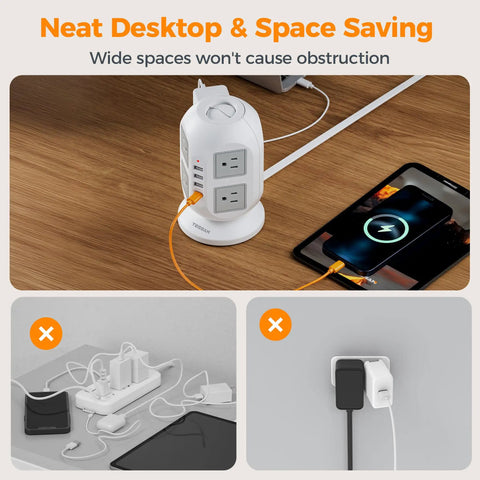 Ultra Slim 10 Foot Power Strip Tower With Eight Widely Spaced Outlets And Four Usb Ports set up on a desk charging devices.