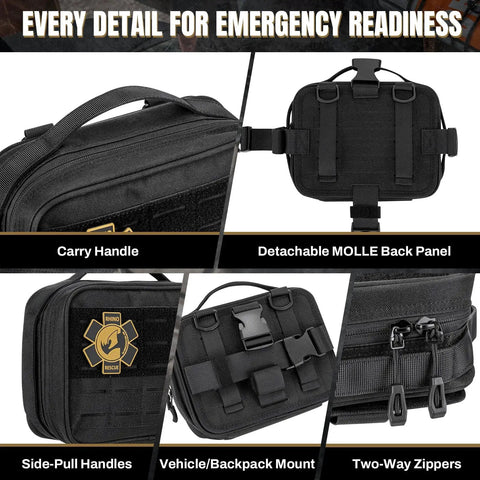 Vehicle IFAK Trauma Kit With CAT Tourniquet, Black Tactical First Aid Kit In MOLLE Pouch showing details like handles and zippers