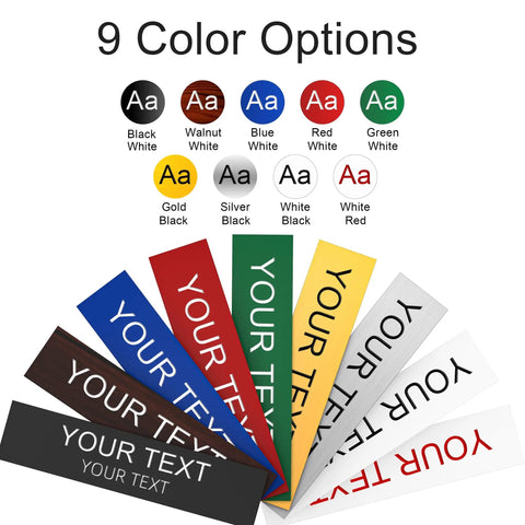 Custom Engraved Adhesive Name Plate For Desk Or Door Sign 2x8 Inch showing nine color options with text customization