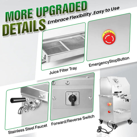 Close-up of features on Commercial Sugar Cane Juicer Machine With Stainless Steel Juice Press, showing juice filter tray and emergency stop button.