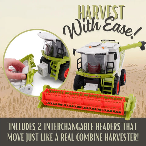 Remote Control Farm Harvester With Lights Sounds And Smoke Effects 1 To 24 Scale Battery Powered RC Combine With Two Harvest Attachments Realistic Moving Parts For Kids And Collectors showing detachable header detail