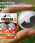 Premium 2 Pack CR2032 Battery Top Shelf Replacement For Apple AirTag Dead Reliable 3V Lithium Power Cell package and battery in hand.