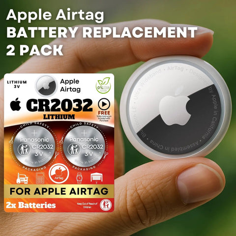 Premium 2 Pack CR2032 Battery Top Shelf Replacement For Apple AirTag Dead Reliable 3V Lithium Power Cell package and battery in hand.