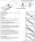 Installation diagram for soft close 16 inch drawer slides with ball bearing, full extension, zinc plated steel, side mount.