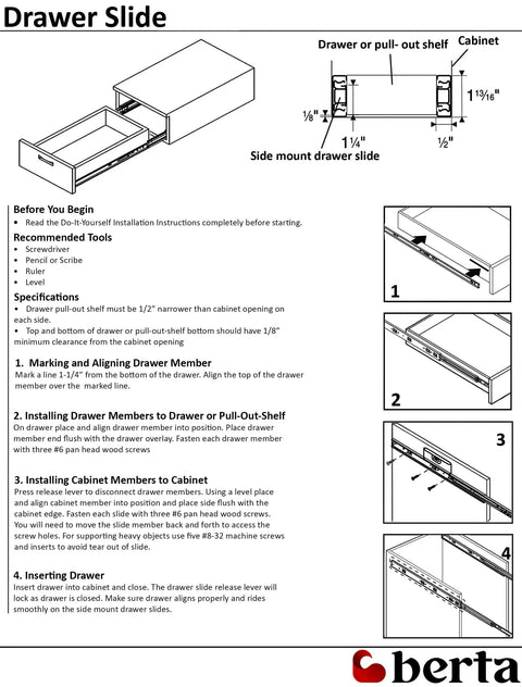 Installation diagram for soft close 16 inch drawer slides with ball bearing, full extension, zinc plated steel, side mount.