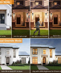 Three Motion Sensor Outdoor Lights With Dusk To Dawn Function, Matte Black Exterior Wall Mount Lamps on Houses in Day and Night Settings