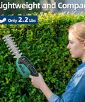 Woman using Cordless Hedge Trimmer For Small Gardens, 2 In 1 Grass Shears, Rechargeable 7.2V Lithium Battery With USB-C Quick Charge