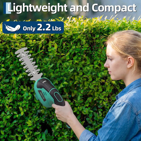 Woman using Cordless Hedge Trimmer For Small Gardens, 2 In 1 Grass Shears, Rechargeable 7.2V Lithium Battery With USB-C Quick Charge