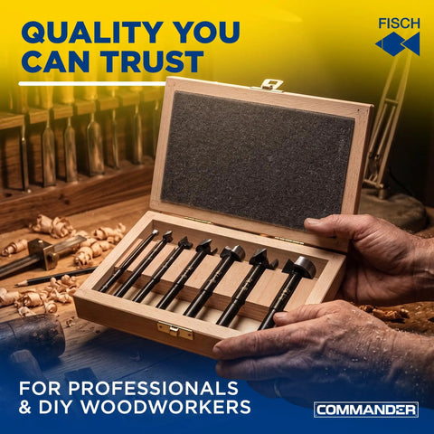 Tough As Nails Forstner Drill Bit Set Forged Steel Center Points For Hella Smooth Woodworking And Precision Hole Drilling One Quarter To One Inch Seven Piece Pro Kit in wooden case.
