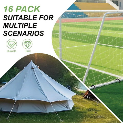 16 Pack 12 Inch J Hook Ground Stakes securing a tent and soccer goal on grass