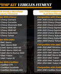 Chevy GDI High Pressure Fuel Pump Kit fitment chart for various GM vehicles, including GMC and Cadillac models from 2014-2023.