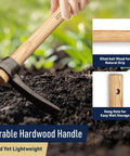 16 Inch Hand Pick Axe With Forged Steel Blade And Dual Headed Mattock Adze Garden Hoe with durable wood handle in garden soil.