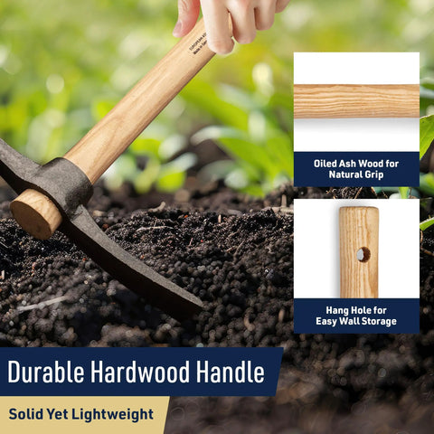 16 Inch Hand Pick Axe With Forged Steel Blade And Dual Headed Mattock Adze Garden Hoe with durable wood handle in garden soil.