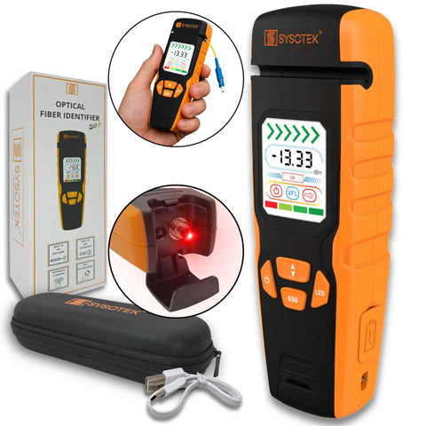 Sysotek Optical Fiber Identifier front view tester orange/black with display and built-in VFL USB-C rechargeable