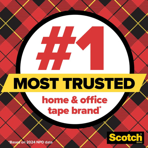 Number one most trusted home and office tape brand, featuring a red plaid pattern and the Scotch logo, based on 2024 NPD data.