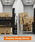 Rock Solid Hydraulic Adjustable Sliding Forks Designed For Your Skid Steer Loader Hauls Up To Two Ton Capacity Without Breaking A Sweat stacked boxes on pallets in narrow space