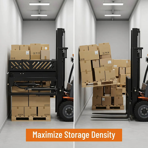 Rock Solid Hydraulic Adjustable Sliding Forks Designed For Your Skid Steer Loader Hauls Up To Two Ton Capacity Without Breaking A Sweat stacked boxes on pallets in narrow space