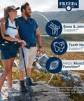 Couple hiking with labels showing benefits of Calcium 600 Mg Supplement For Strong Bones Joints And Teeth Supports Healthy Muscle And Nerve Function Easy To Swallow Coated Tablets Gluten Free 100 Count.