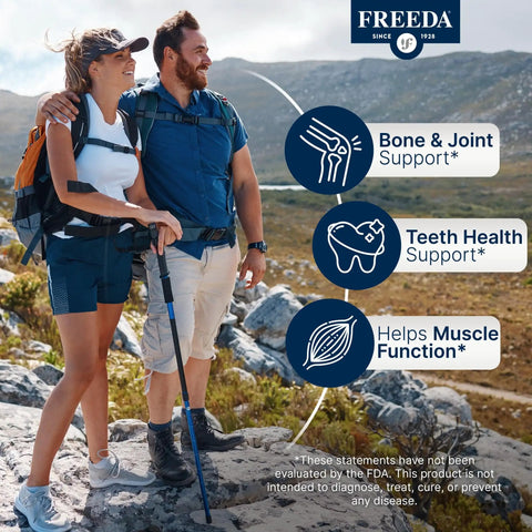 Couple hiking with labels showing benefits of Calcium 600 Mg Supplement For Strong Bones Joints And Teeth Supports Healthy Muscle And Nerve Function Easy To Swallow Coated Tablets Gluten Free 100 Count.